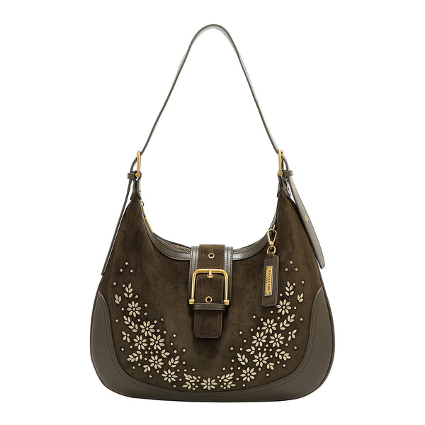 SHOULDER BAG WITH FLORAL DESIGN IN THE SHAPE OF A CROSS MOON (OLIVE)