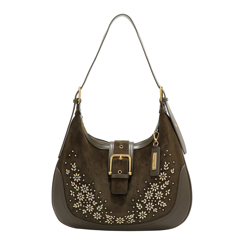 SHOULDER BAG WITH FLORAL DESIGN IN THE SHAPE OF A CROSS MOON (OLIVE)
