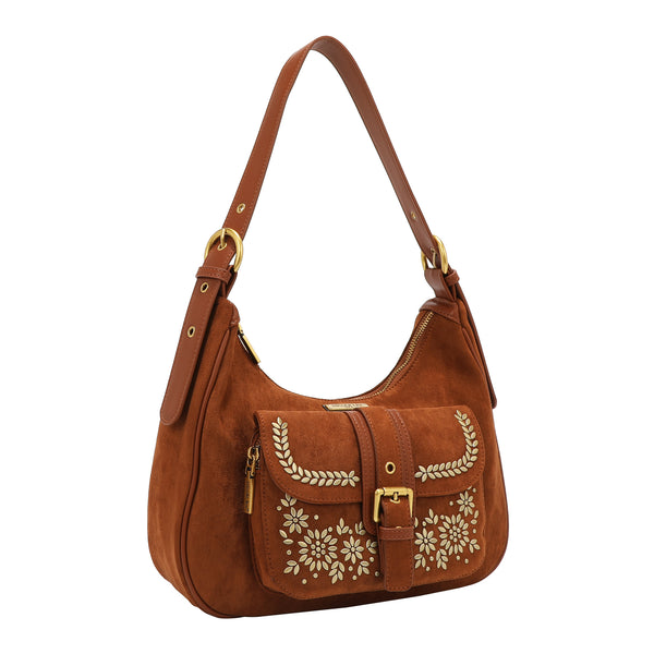 SHOULDER BAG WITH FLORAL DESIGN (BROWN)