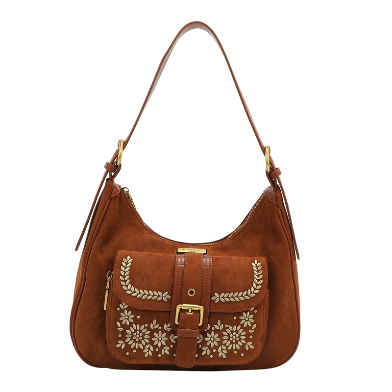 SHOULDER BAG WITH FLORAL DESIGN (BROWN)