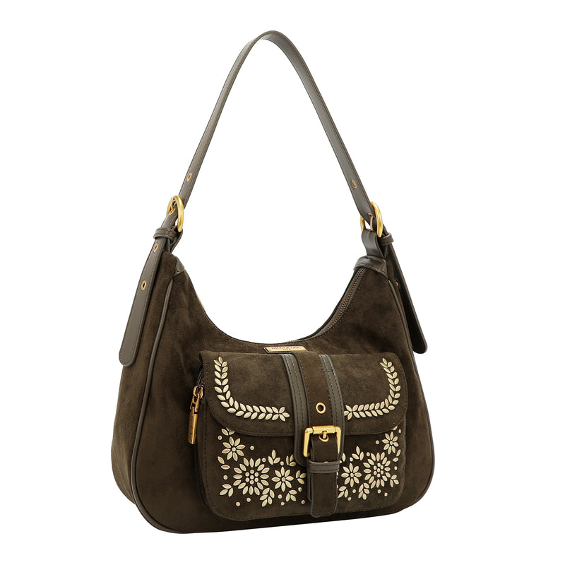 SHOULDER BAG WITH FLORAL DESIGN (OLIVE)