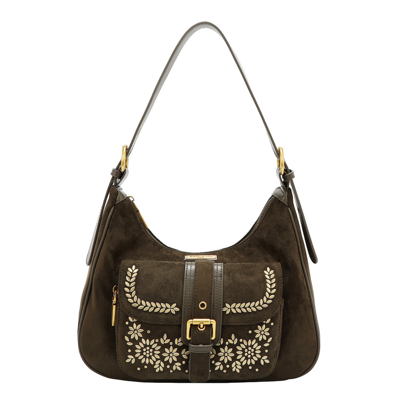 SHOULDER BAG WITH FLORAL DESIGN (OLIVE)