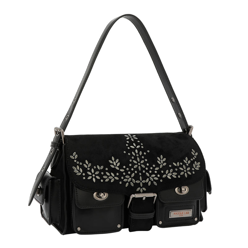 BOLSO DE MANO CON DISEÑO FLORAL (NEGRO)