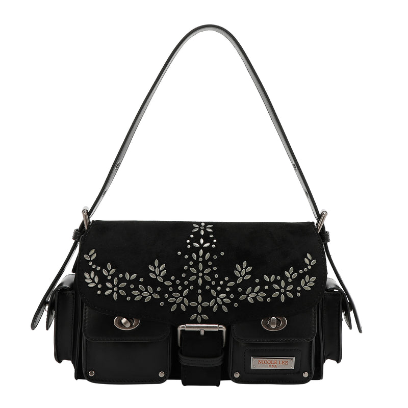 BOLSO DE MANO CON DISEÑO FLORAL (NEGRO)