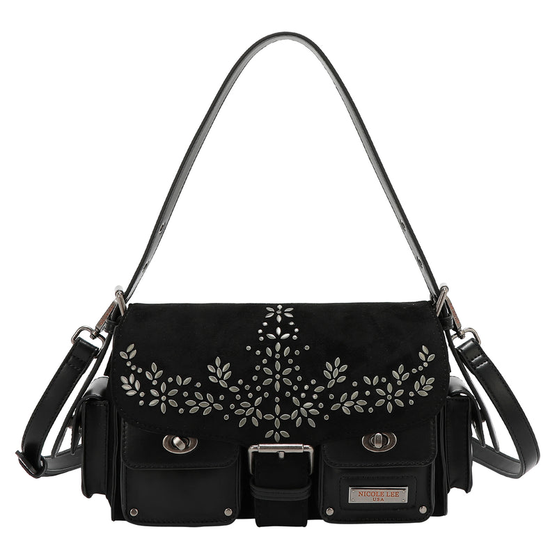 BOLSO DE MANO CON DISEÑO FLORAL (NEGRO)