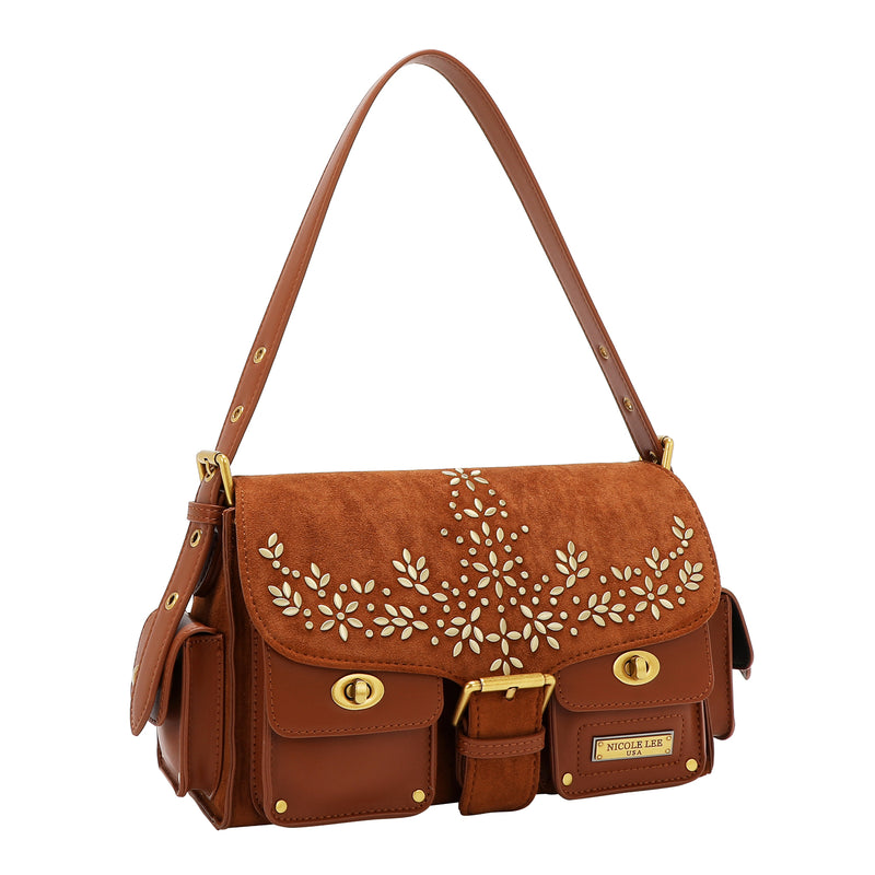 BOLSO DE MANO CON DISEÑO FLORAL (MARRON)