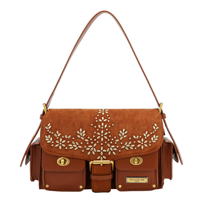BOLSO DE MANO CON DISEÑO FLORAL (MARRON)