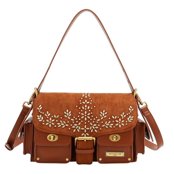 BOLSO DE MANO CON DISEÑO FLORAL (MARRON)