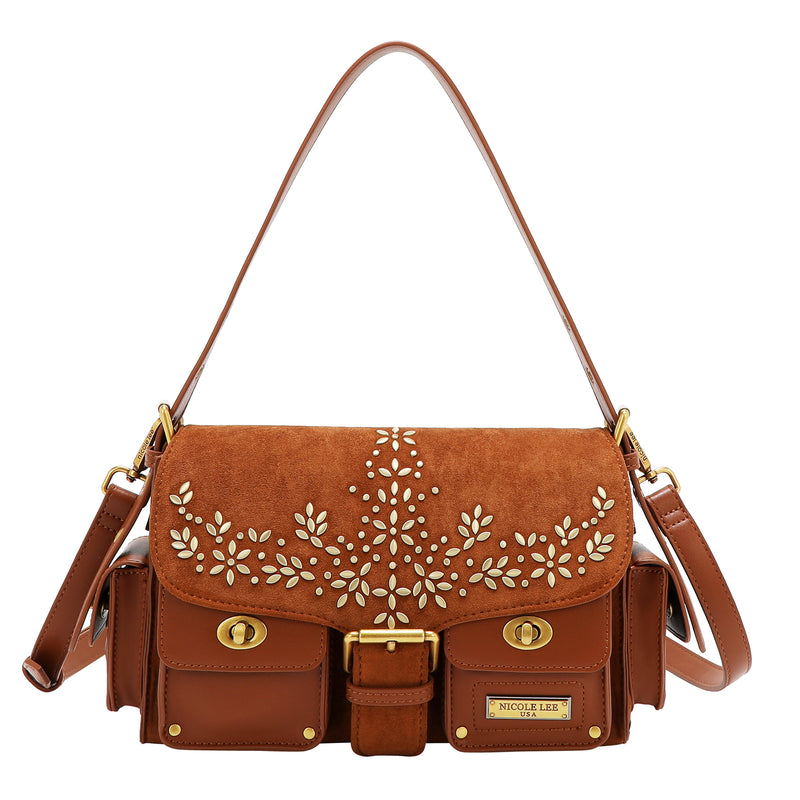 BOLSO DE MANO CON DISEÑO FLORAL (MARRON)