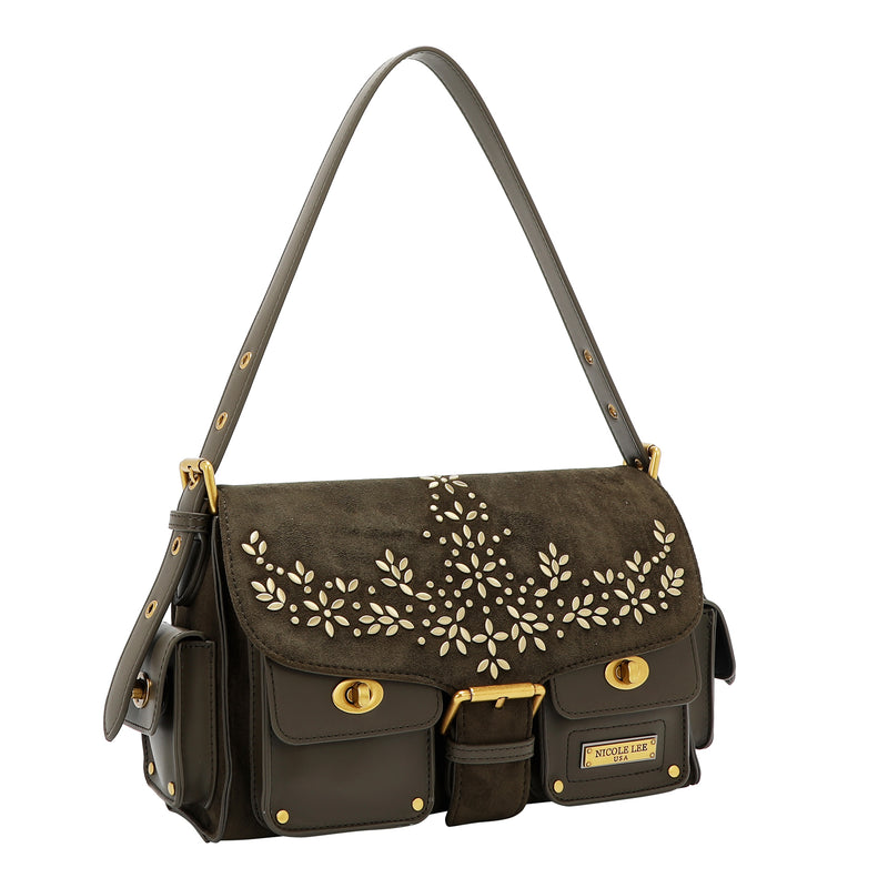 BOLSO DE MANO CON DISEÑO FLORAL (OLIVA)