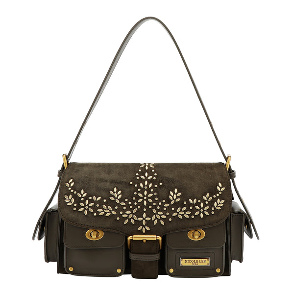 BOLSO DE MANO CON DISEÑO FLORAL (OLIVA)