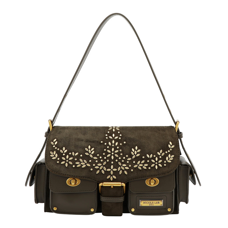 BOLSO DE MANO CON DISEÑO FLORAL (OLIVA)