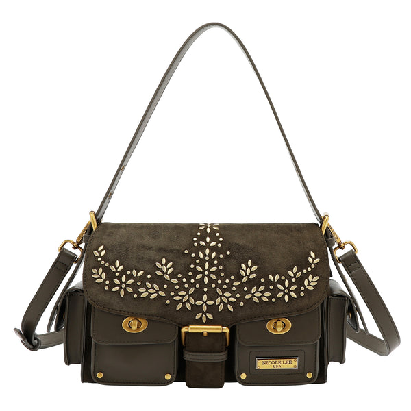 BOLSO DE MANO CON DISEÑO FLORAL (OLIVA)