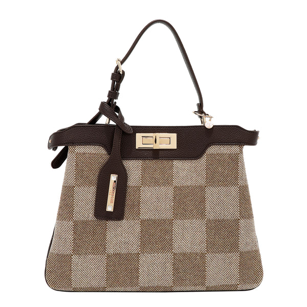 BOLSO DE MANO CHIC CON CUADROS (MARRON CLARO)