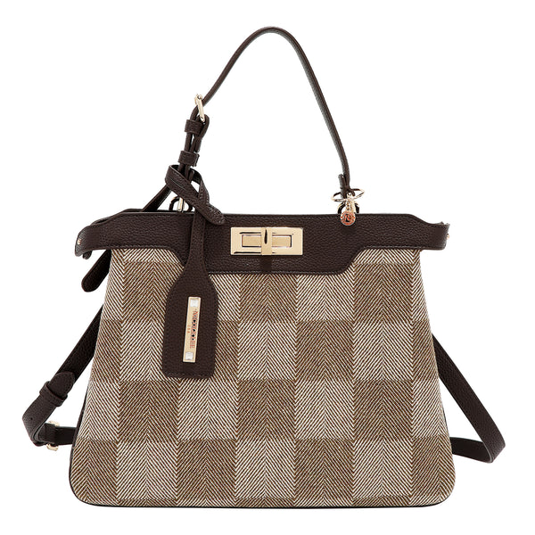 BOLSO DE MANO CHIC CON CUADROS (MARRON CLARO)