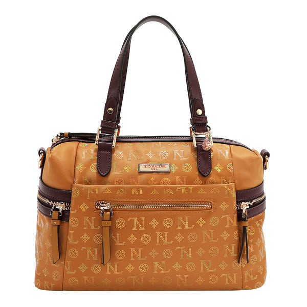 BOLSO SATCHEL CON LOGOTIPO MONOGRAMA (CAMEL)