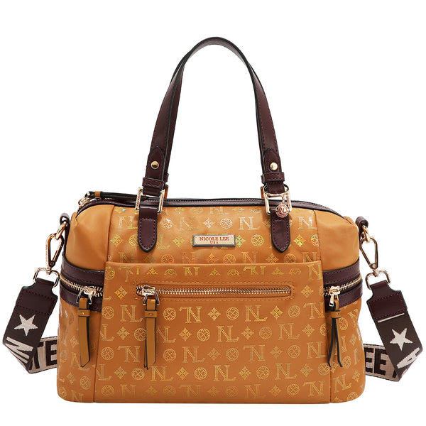 BOLSO SATCHEL CON LOGOTIPO MONOGRAMA (CAMEL)