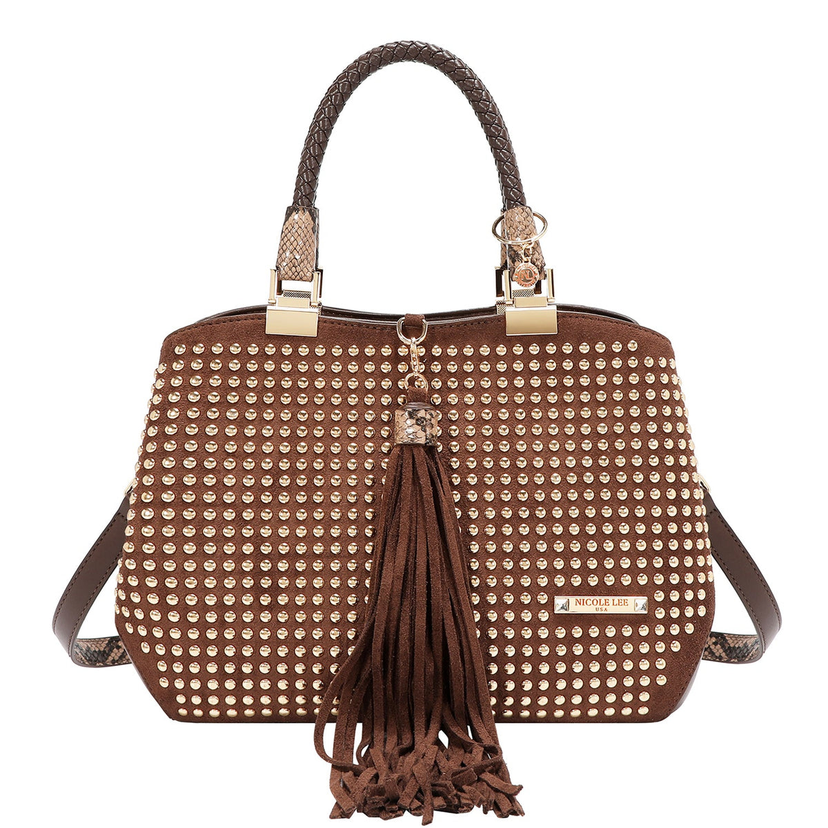 BOLSO SATCHEL CON TACHUELAS (MARRON)