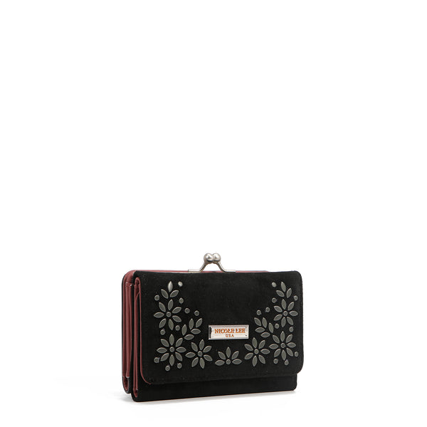 COMPACT WALLET WITH FLORAL LEAF PRINT (BLACK)