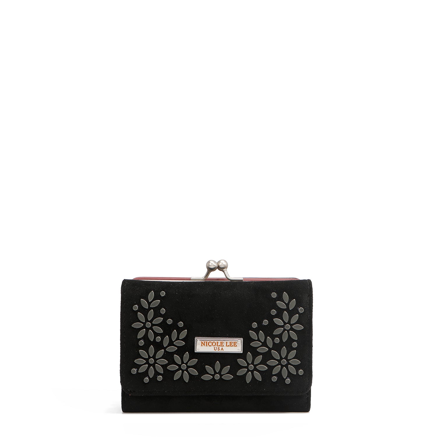 COMPACT WALLET WITH FLORAL LEAF PRINT (BLACK)