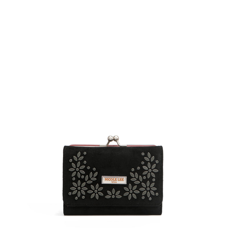 COMPACT WALLET WITH FLORAL LEAF PRINT (BLACK)