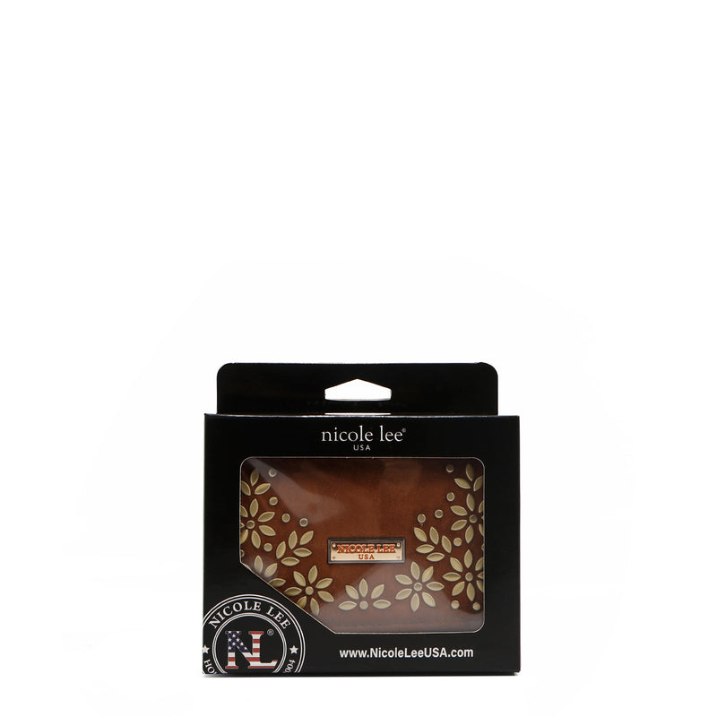 COMPACT WALLET WITH FLORAL LEAF PRINT (BROWN)