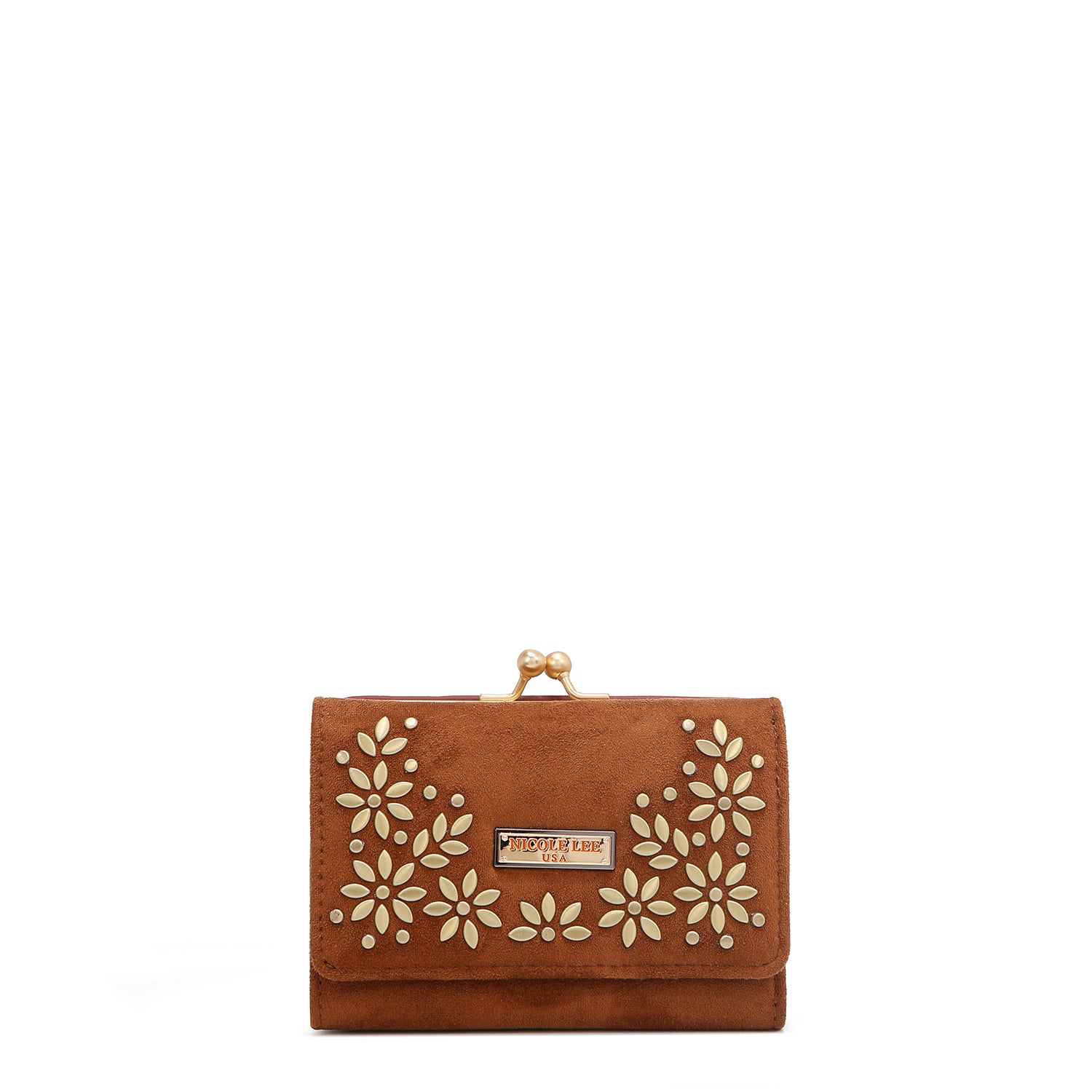 COMPACT WALLET WITH FLORAL LEAF PRINT (BROWN)