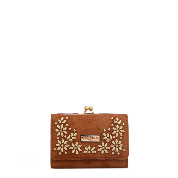 COMPACT WALLET WITH FLORAL LEAF PRINT (BROWN)