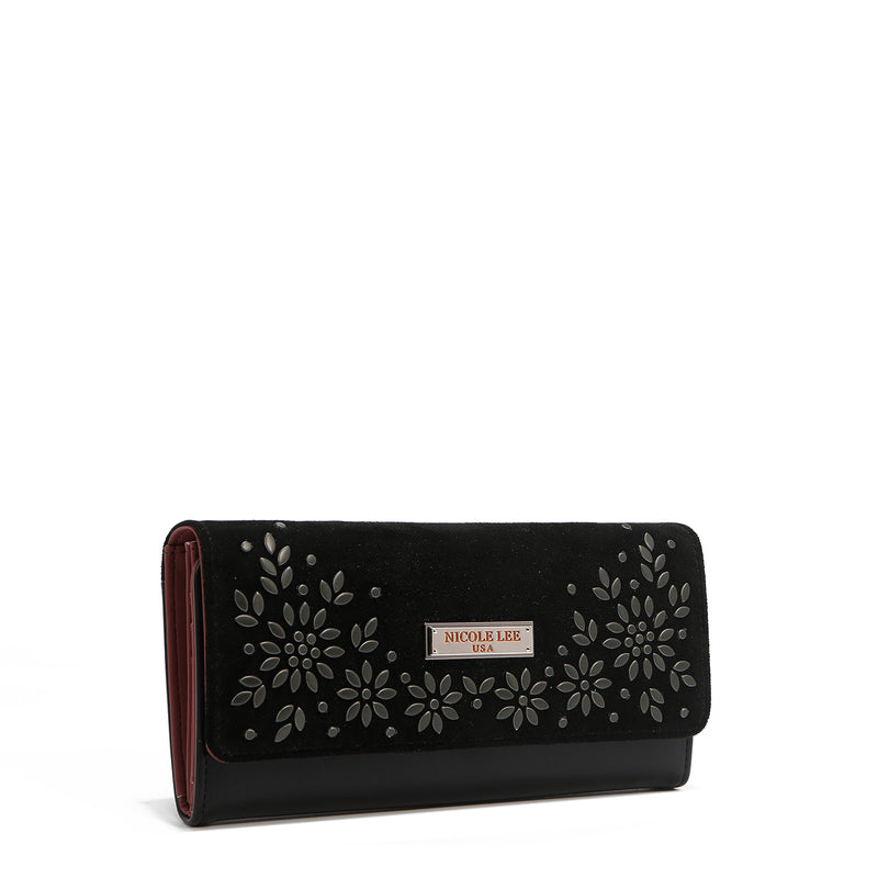 LONG TRIPLE WALLET WITH FLORAL DESIGN (BLACK)