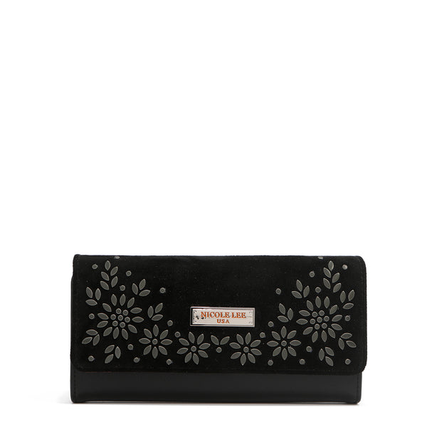 LONG TRIPLE WALLET WITH FLORAL DESIGN (BLACK)