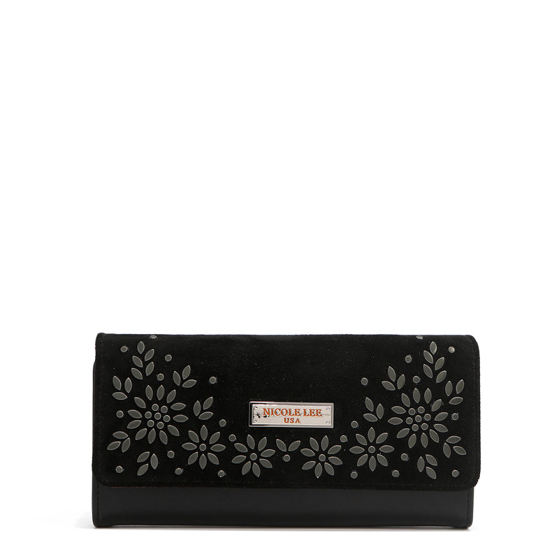 LONG TRIPLE WALLET WITH FLORAL DESIGN (BLACK)