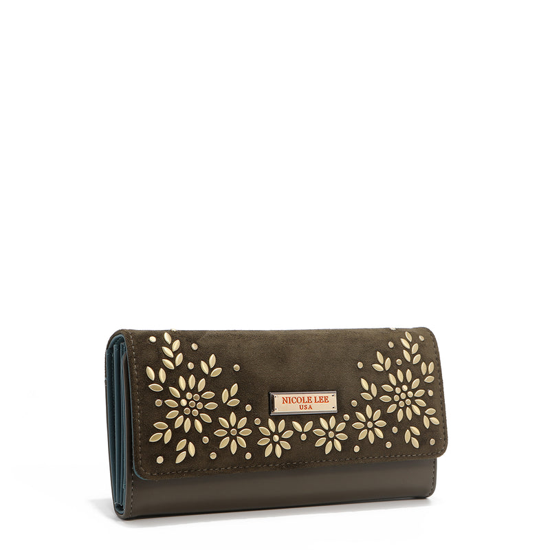 LONG TRIPLE WALLET WITH FLORAL DESIGN (OLIVE)