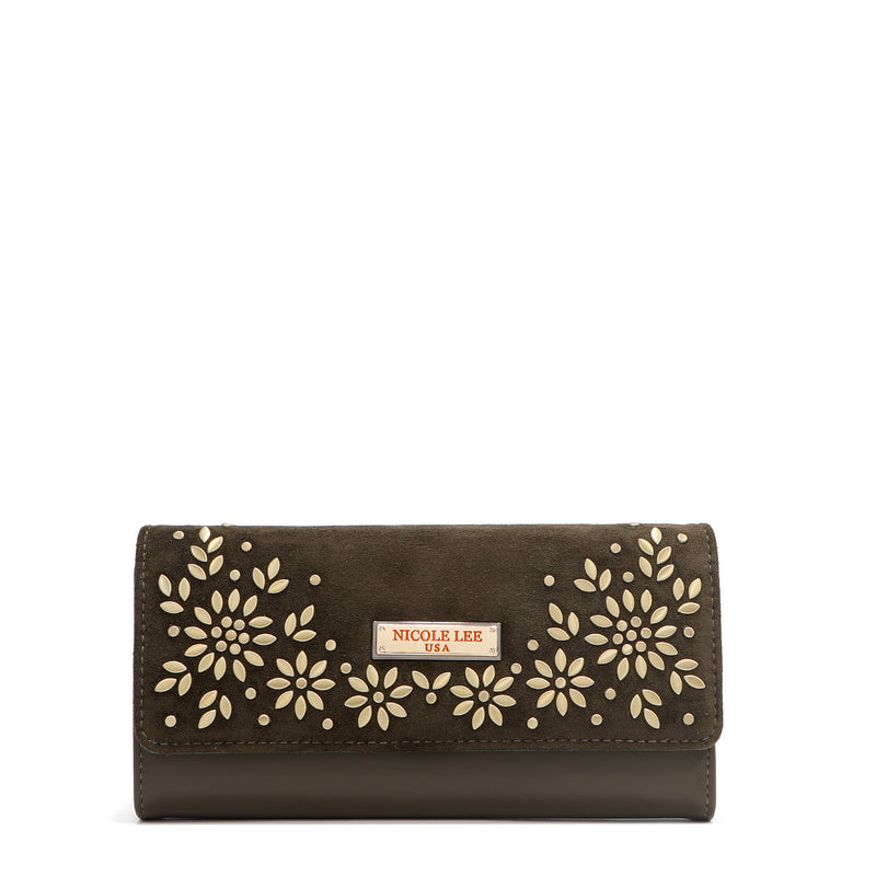 LONG TRIPLE WALLET WITH FLORAL DESIGN (OLIVE)