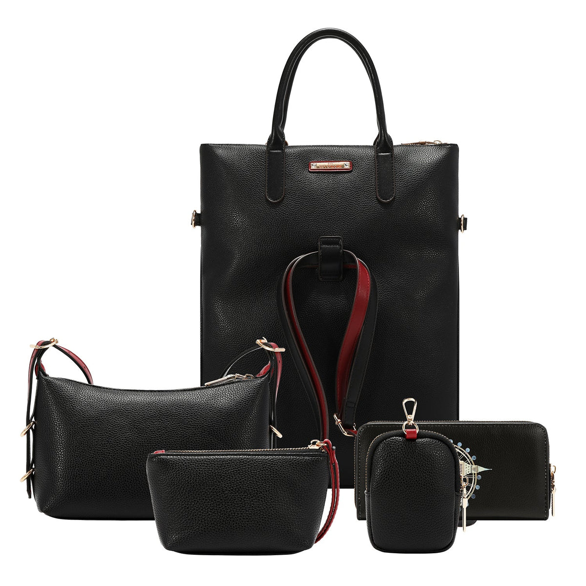 SET DA 5 PEZZI (ZAINO, BORSA A TRACOLLA, BORSA PER AGHI, BORSA E PORTA CARTE) (LONDON EYE - NERO)