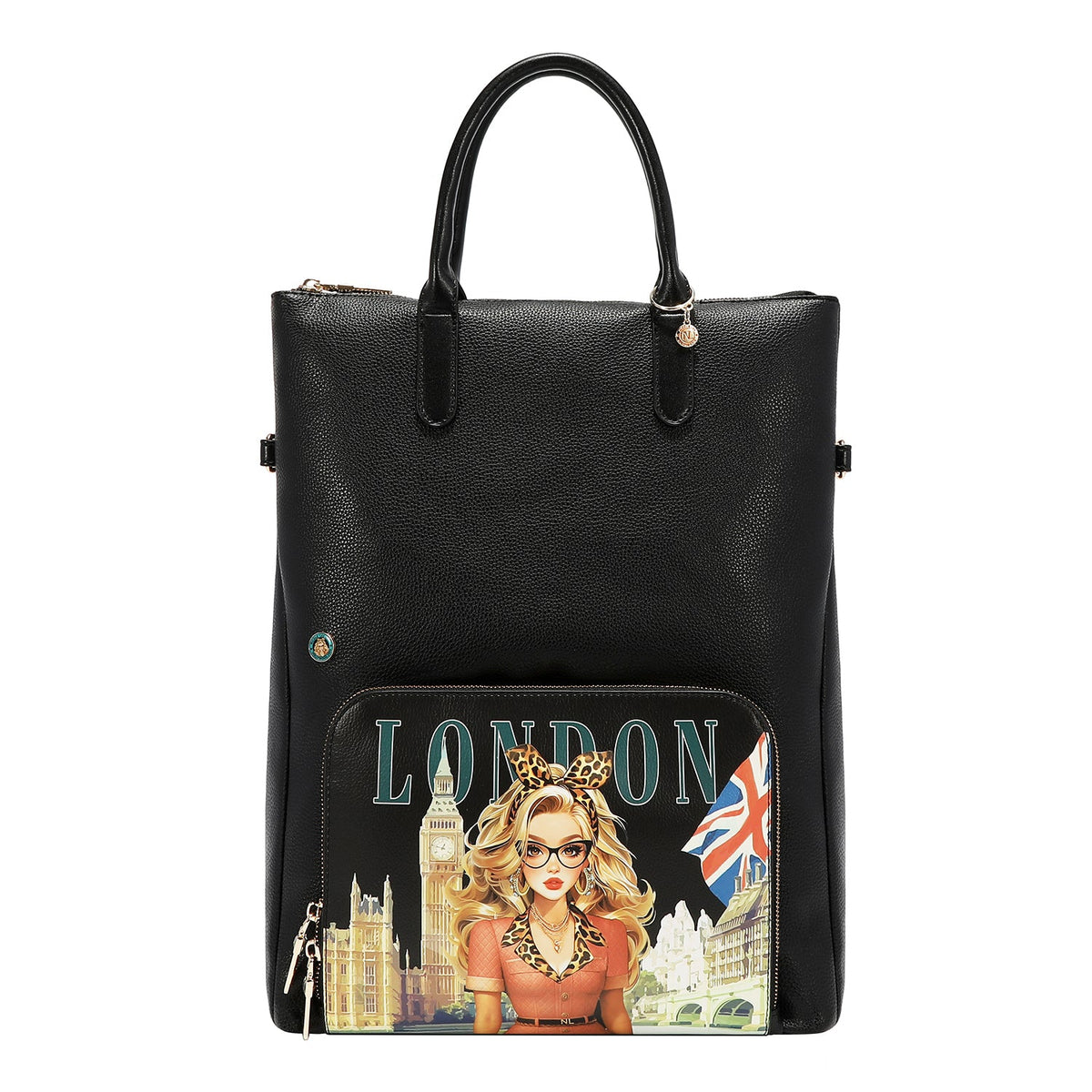 SET DA 5 PEZZI (ZAINO, BORSA A TRACOLLA, BORSA PER AGHI, BORSA E PORTA CARTE) (LONDON EYE - NERO)