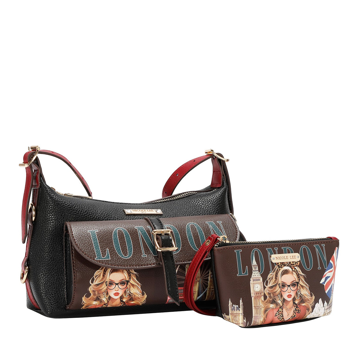CONJUNTO DE 5 PZ BOLSO CONVERTIBLE A MOCHILA (LONDON EYE-MARRON)