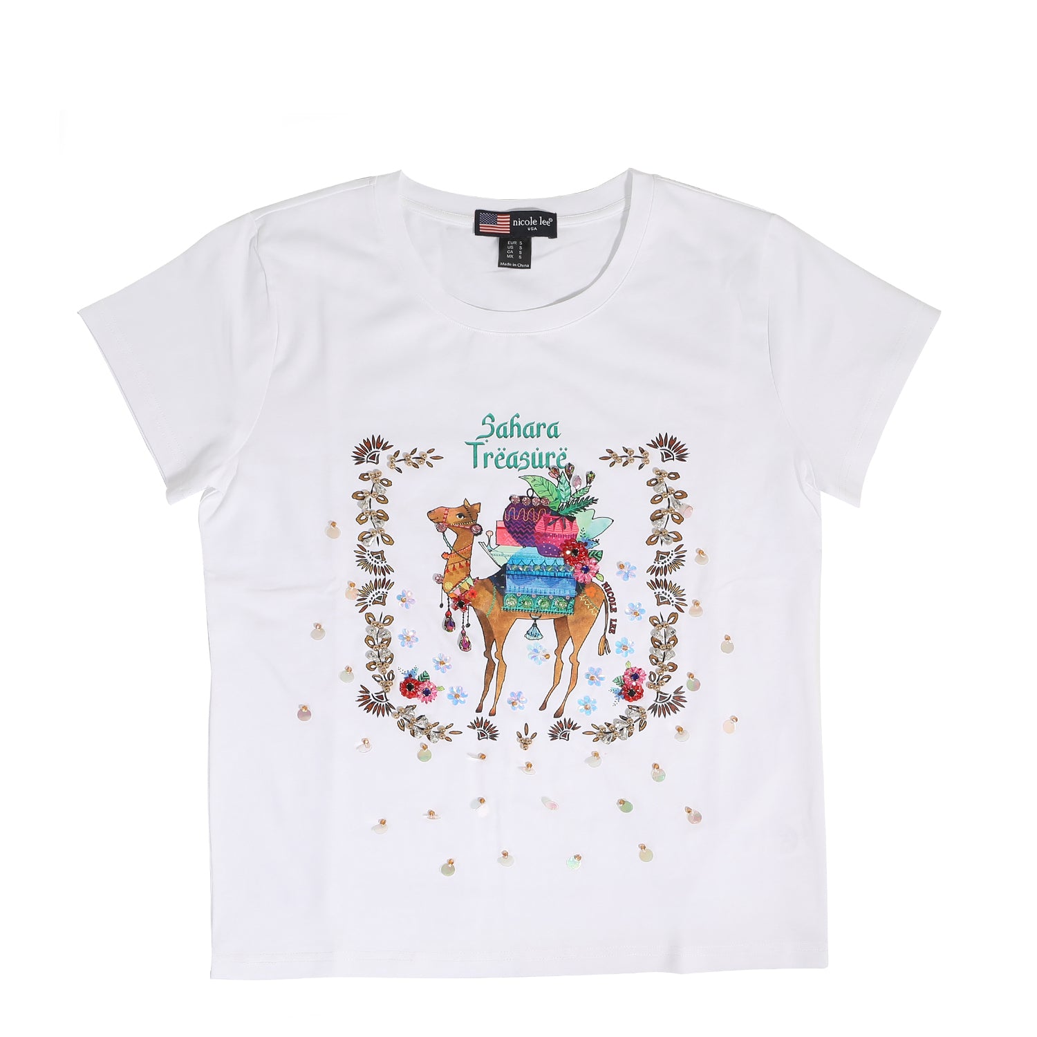 CAMISETA DE MODA NICOLE LEE CON BRILLOS BLANCA (SAHARA TREASURE)