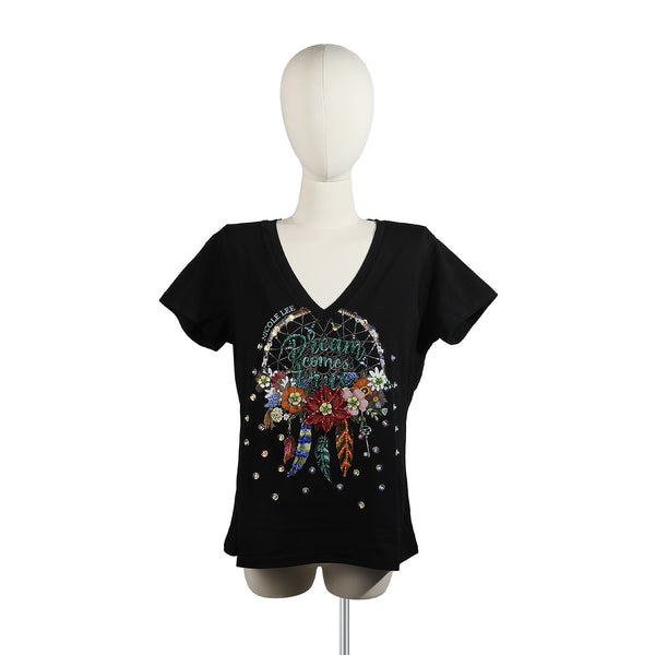 CAMISETA DE MODA CON CUELLO EN V (DREAM COMES TRUE BLANCO)