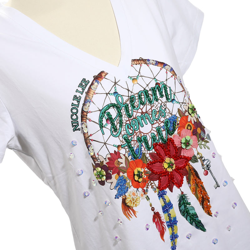 CAMISETA DE MODA CON CUELLO EN V (DREAM COMES TRUE NEGRO)