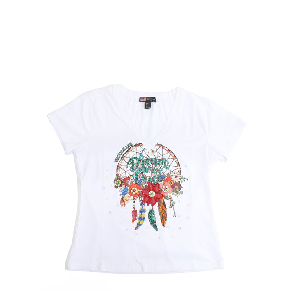 CAMISETA DE MODA CON CUELLO EN V (DREAM COMES TRUE NEGRO)