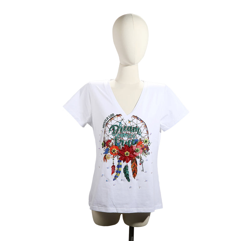 CAMISETA DE MODA CON CUELLO EN V (DREAM COMES TRUE NEGRO)