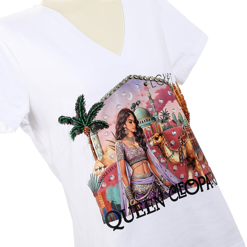 CAMISETA DE MODA CON CUELLO EN V (QUEEN CLEOPATRA BLANCO)