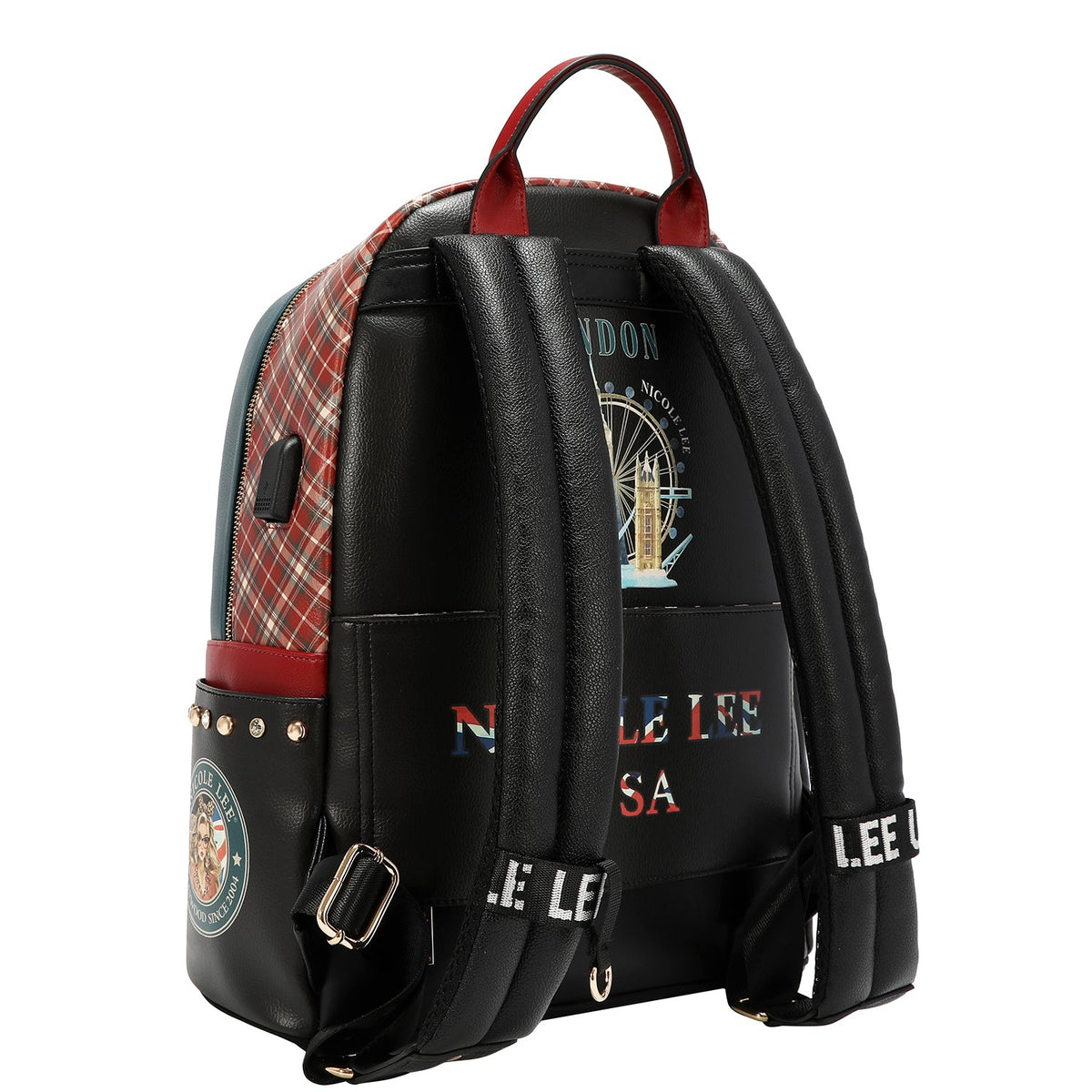 MOCHILA GRANDE DE MODA CON PUERTO DE CARGA USB Y BOLSA (LONDON EYE-NEGRO)