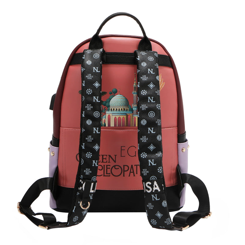 MOCHILA GRANDE DE MODA CON PUERTO DE CARGA USB Y BOLSA (QUEEN CLEOPATRA)