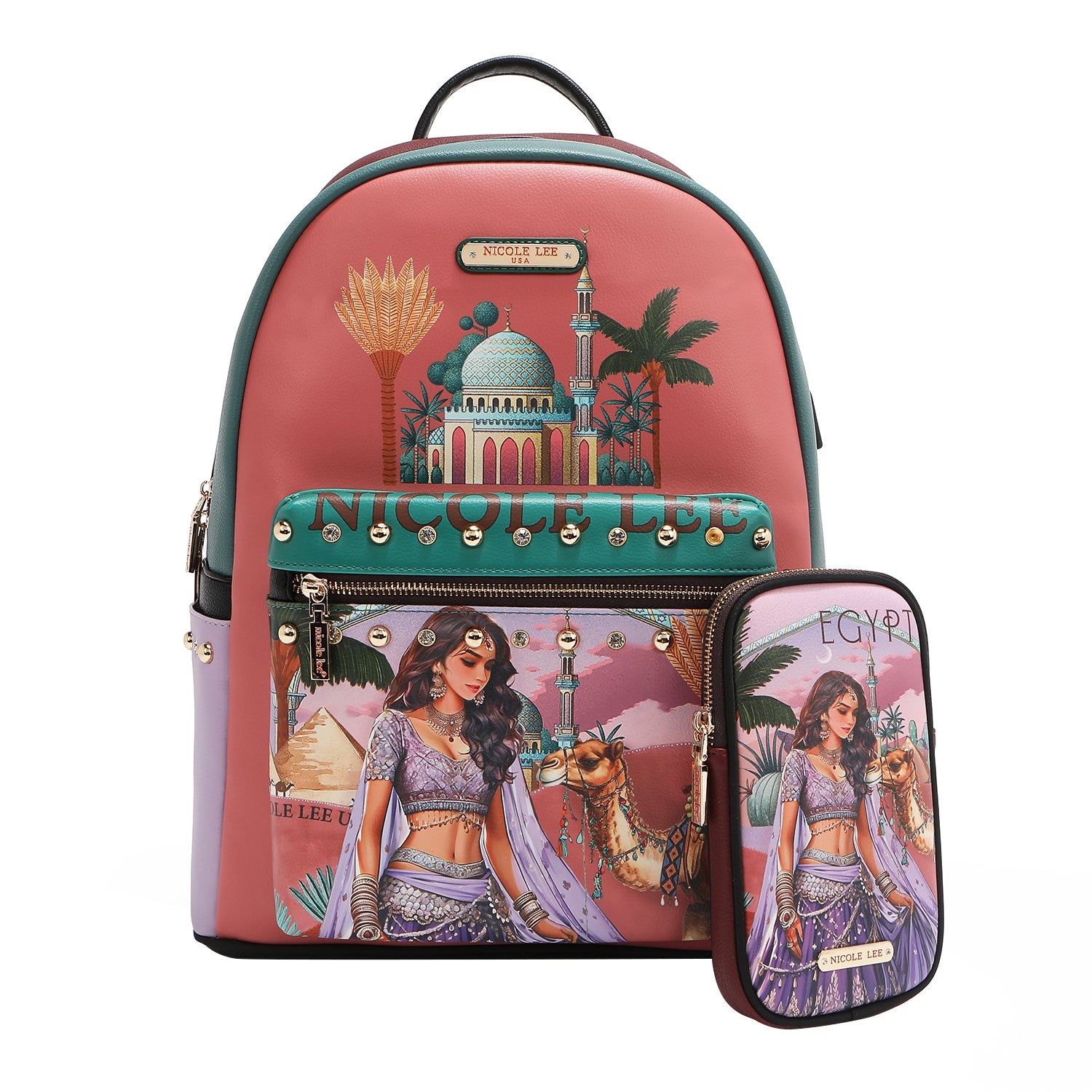 MOCHILA GRANDE DE MODA CON PUERTO DE CARGA USB Y BOLSA (QUEEN CLEOPATRA)
