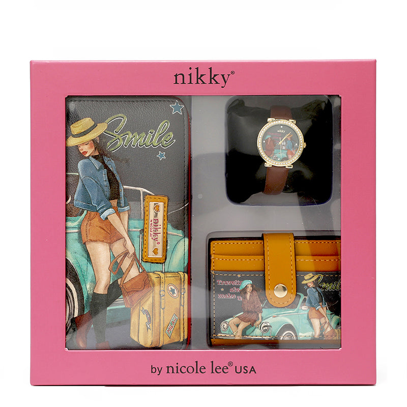 JUEGO NIKKY DE 3 PIEZAS (BILLETERA, TARJETERO, RELOJ)