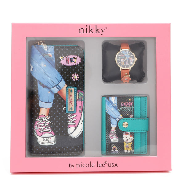 JUEGO NIKKY DE 3 PIEZAS (BILLETERA, TARJETERO, RELOJ)